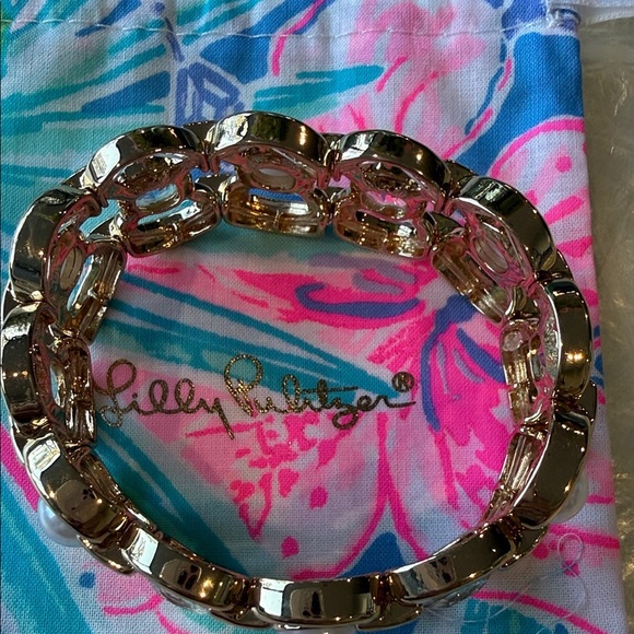 🌴 Lilly Pulitzer Gold Stretch Bracelet with Pearl and Clear Stone Sparkly Accent - Picture 3 of 6